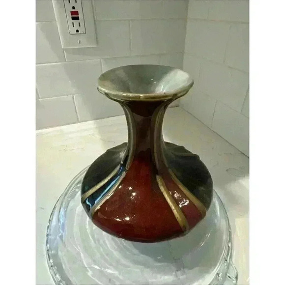 Fabulous Pottery Vase Red Olive Glaze Gold Stripes 6.5" - Picture 5 of 10